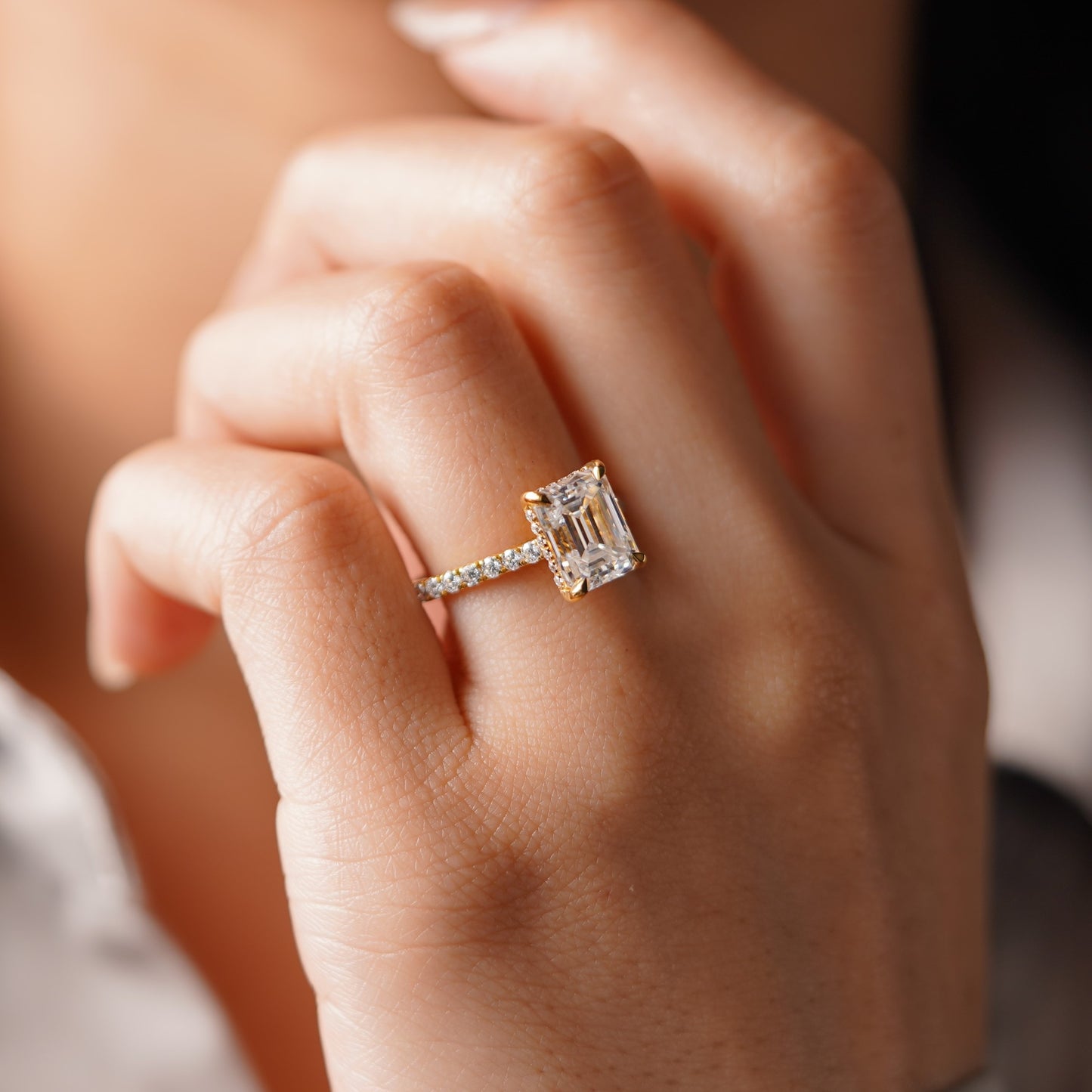 Emerald Cut Hidden Halo & Pave Cathedral Lab-Grown Diamond Engagement Ring