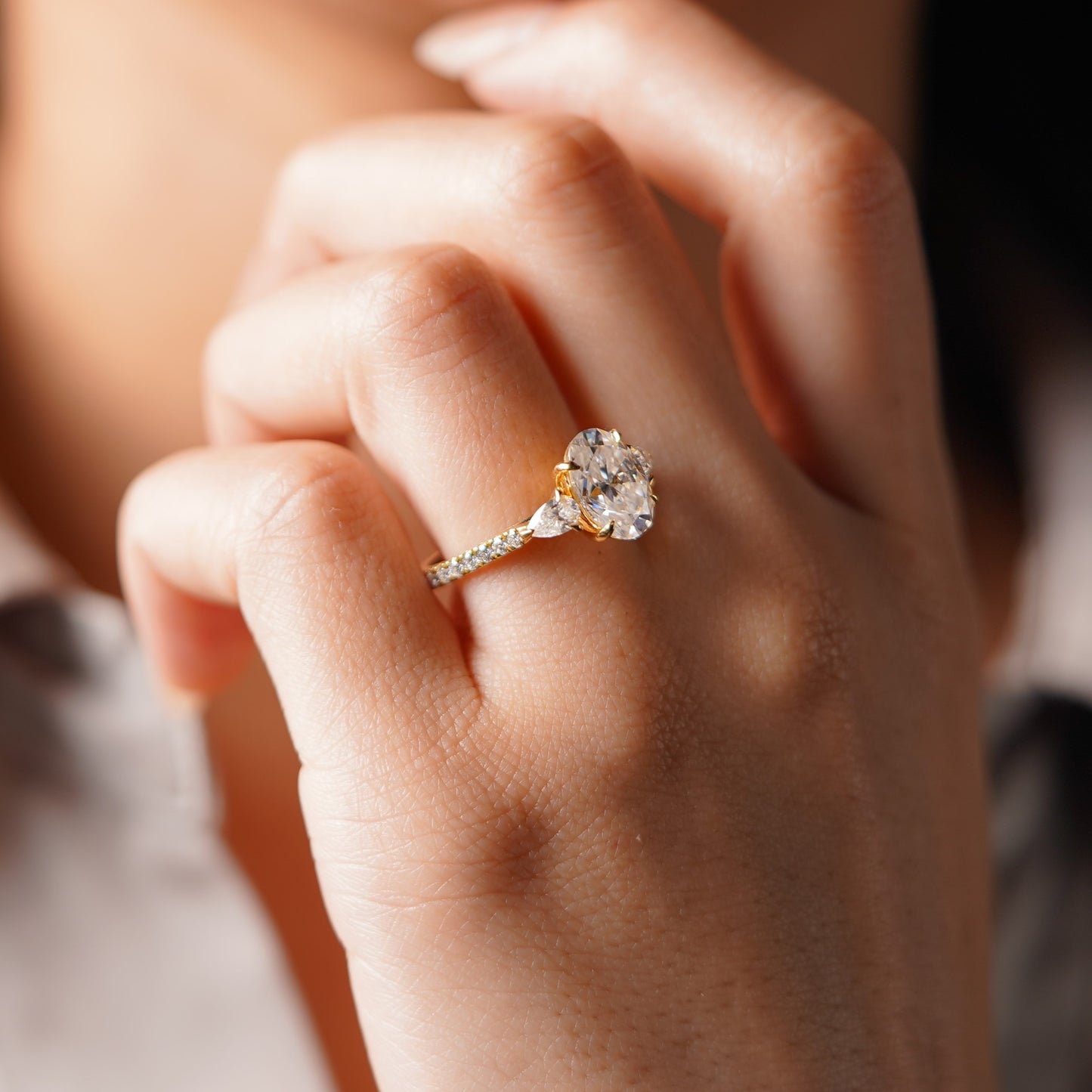 Oval Cut Three Stone & Pave Lab-Grown Diamond Engagement Ring
