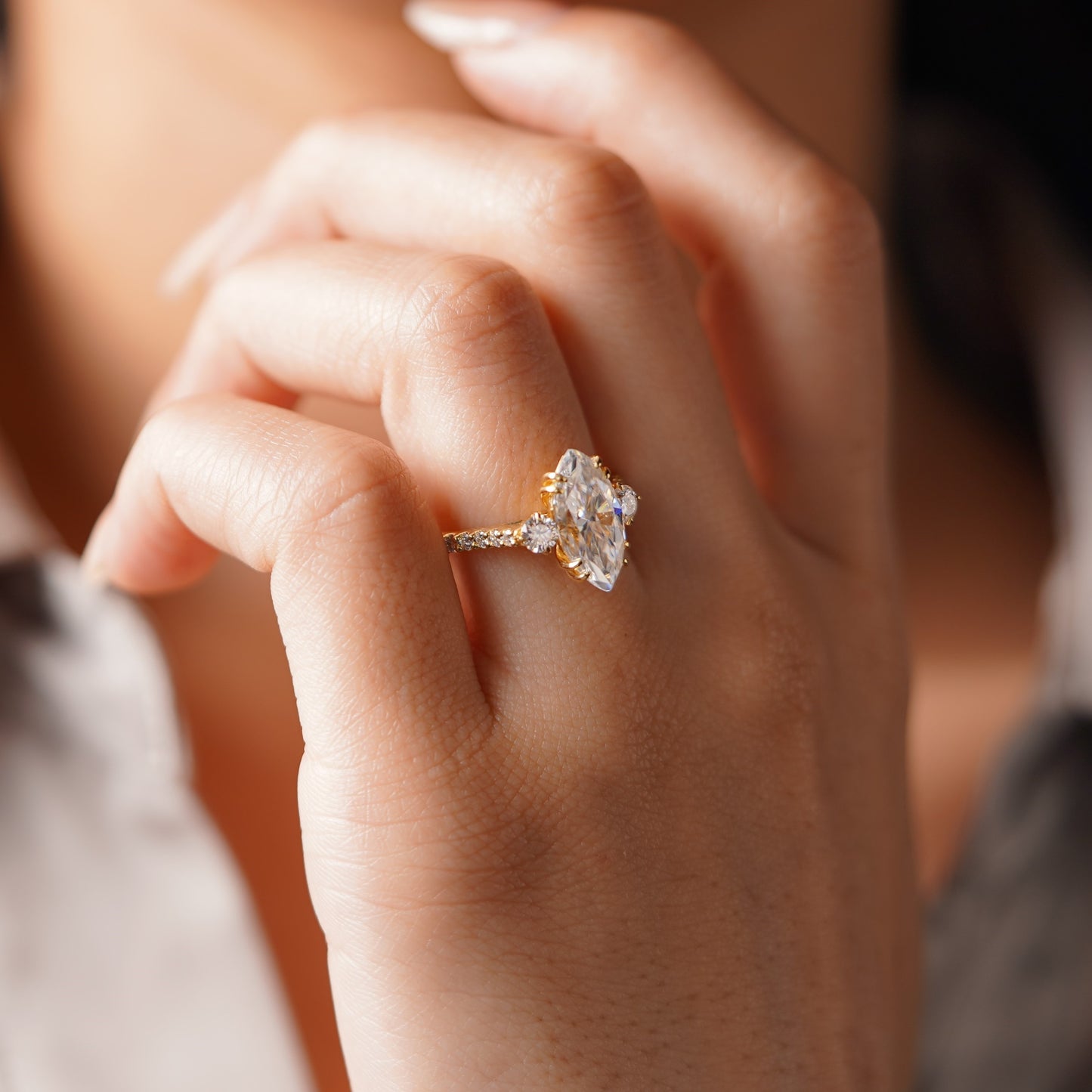 Marquise Cut Three Stone & Pave Lab-Grown Diamond Engagement Ring