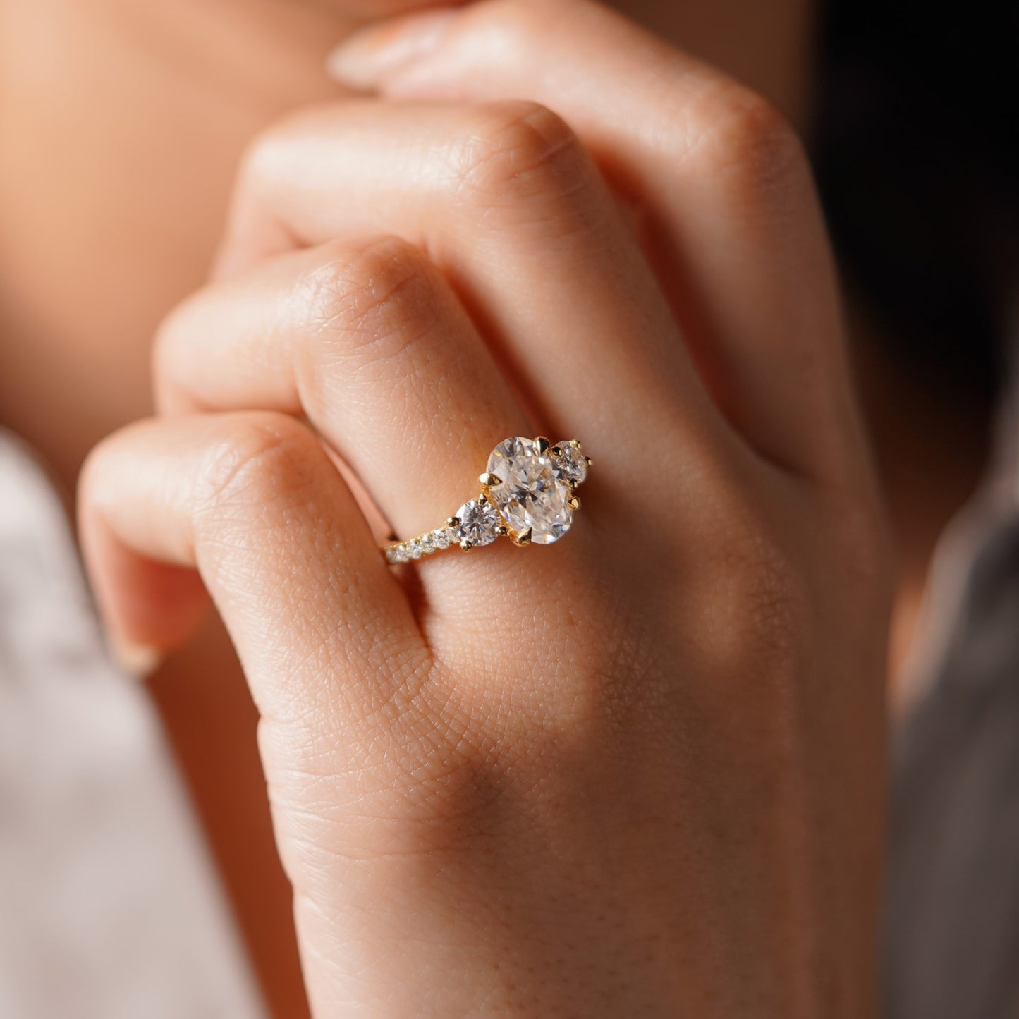 Oval Cut Three Stone & Pave Lab-Grown Diamond Engagement Ring