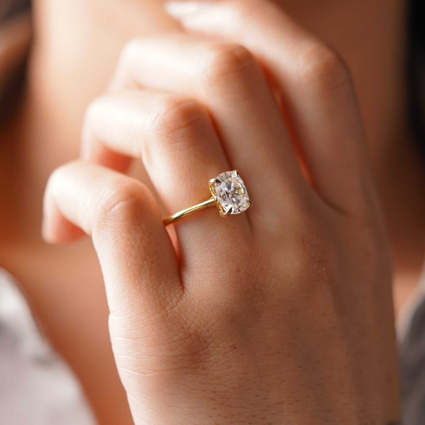 Elongated Cushion Cut Solitaire Cathedral Lab-Grown Diamond Engagement Ring