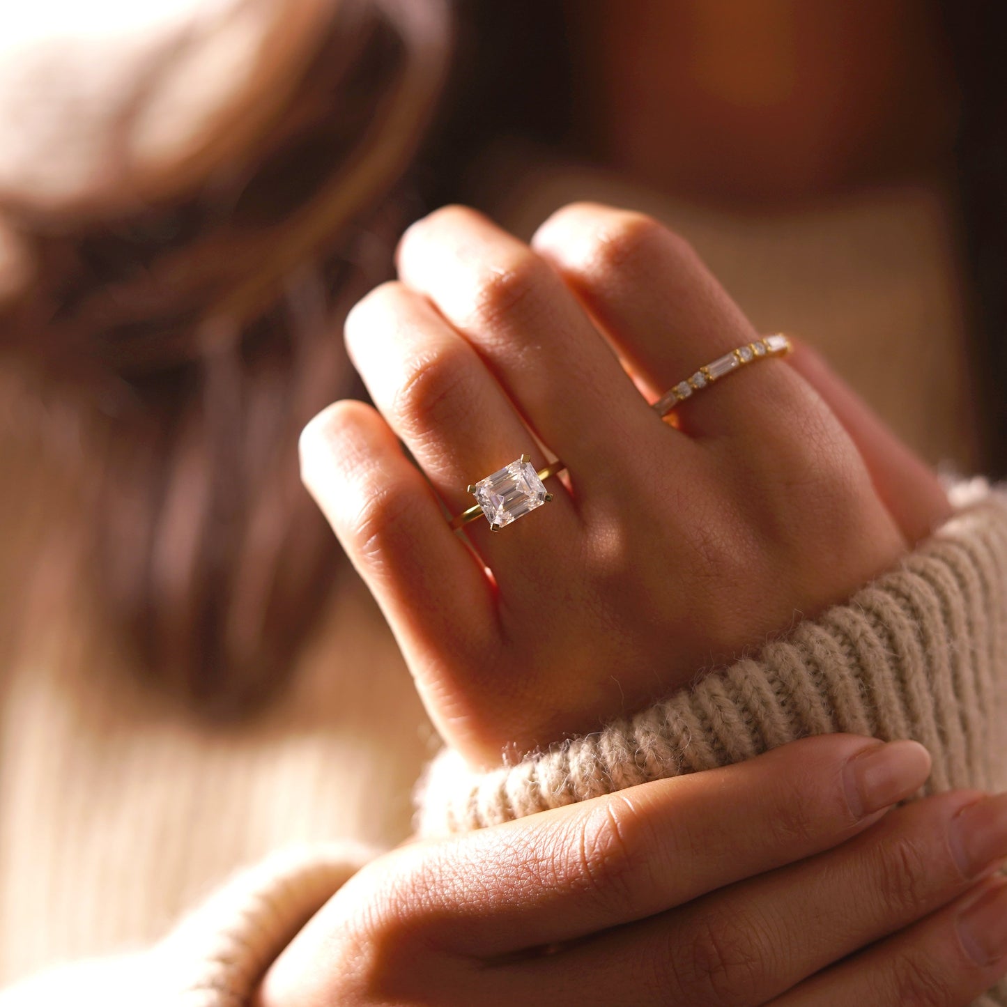 East-West Emerald Cut Solitaire Lab-Grown Diamond Engagement Ring
