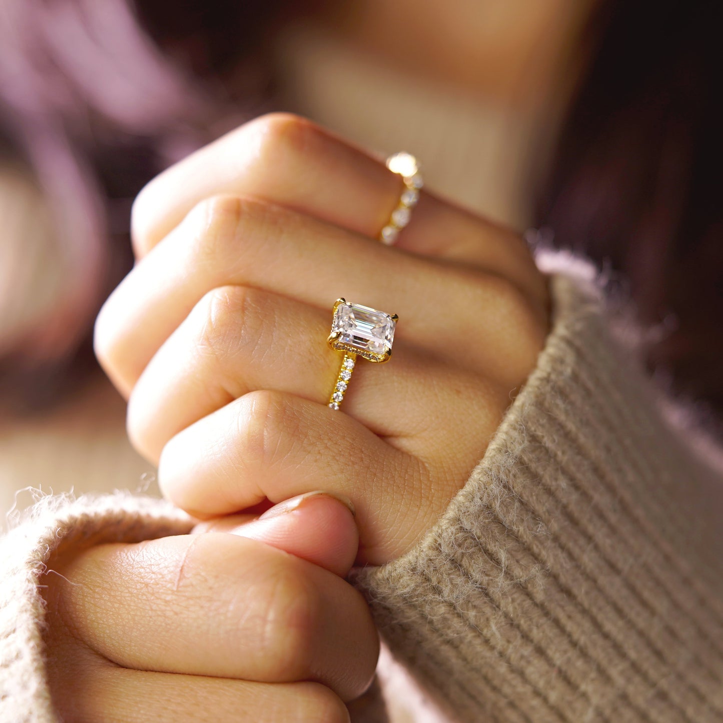 Emerald Cut Pave Lab-Grown Diamond Engagement Ring