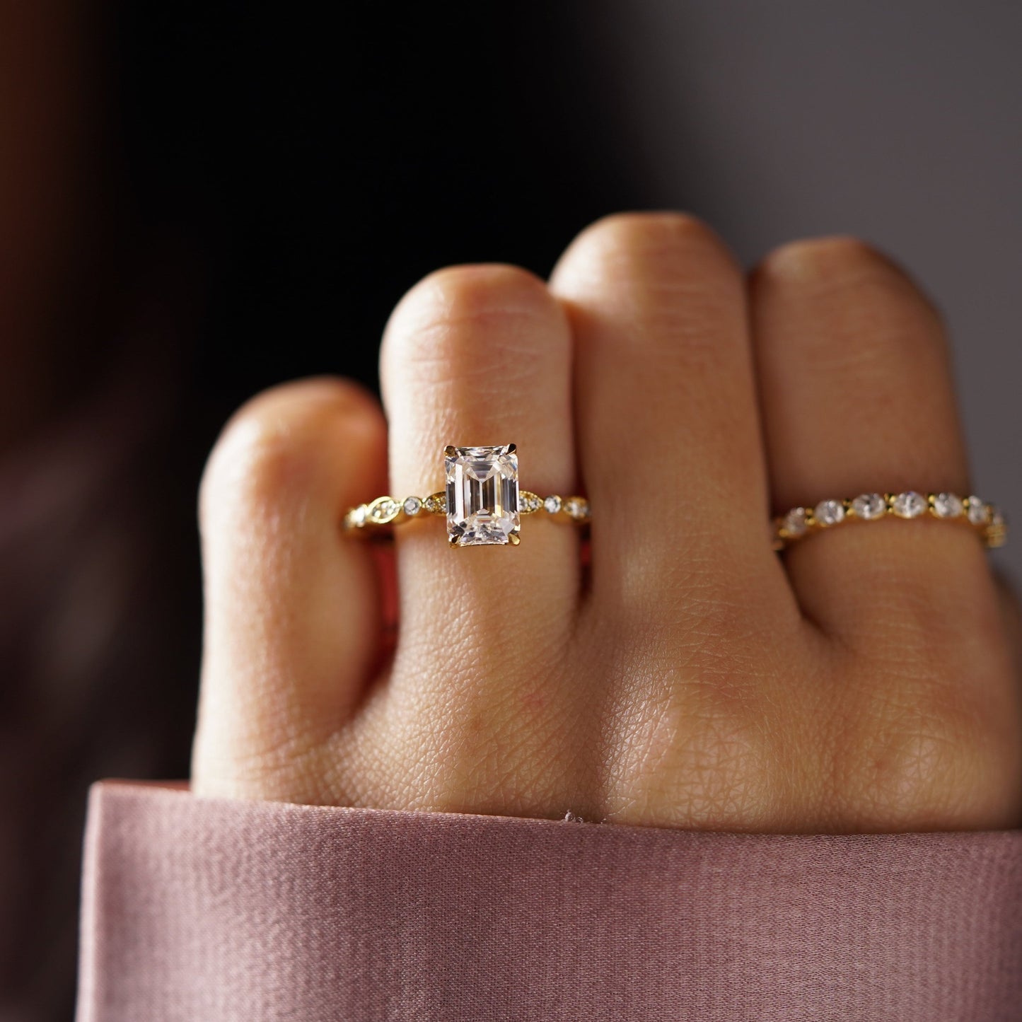 Emerald Cut Milgrain Pave Lab-Grown Diamond Engagement Ring