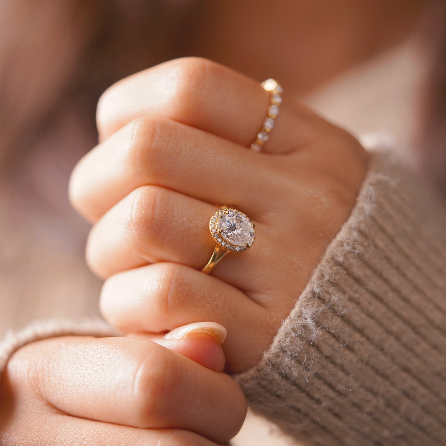 Oval Cut Halo Split Shank Lab-Grown Diamond Engagement Ring
