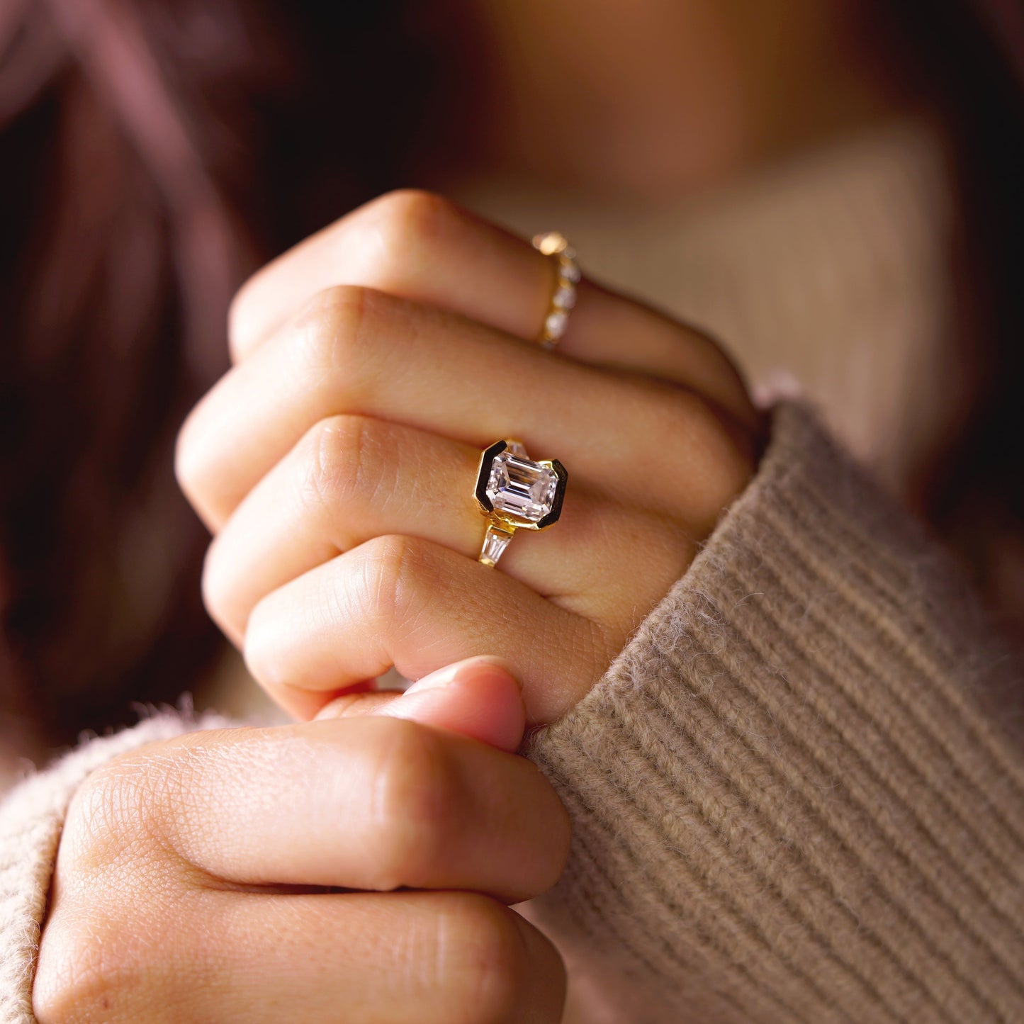 Emerald Cut Three Stone Half Bezel Lab-Grown Diamond Engagement Ring