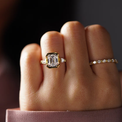 Emerald Cut Three Stone Half Bezel Lab-Grown Diamond Engagement Ring