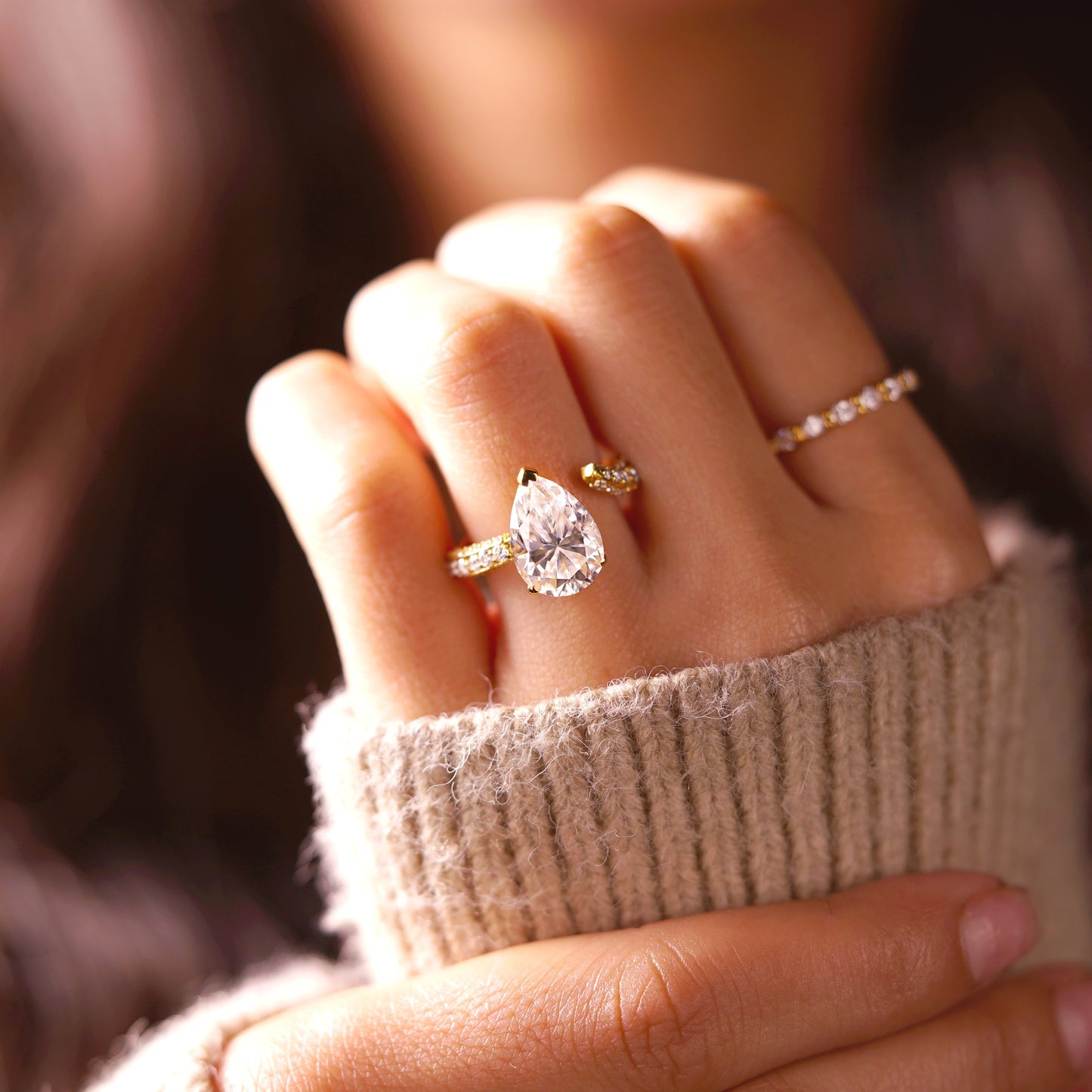 Pear Cut Open Shank Pave Lab-Grown Diamond Engagement Ring