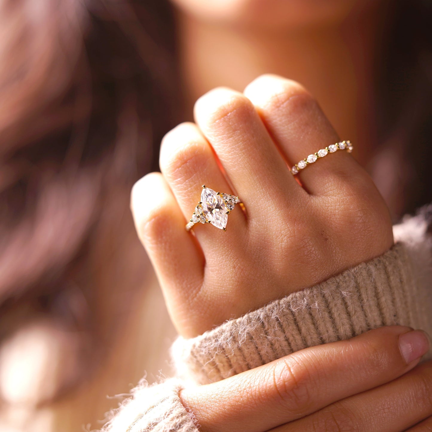 Marquise Cut Cluster Lab-Grown Diamond Engagement Ring