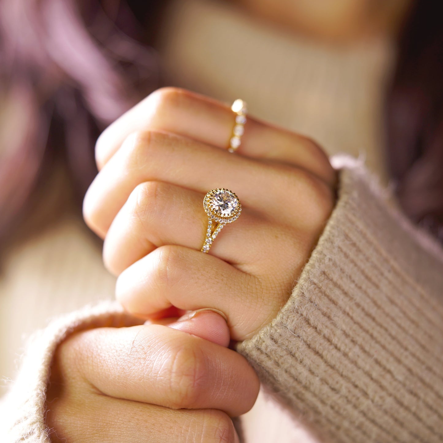 Round Cut Halo & Pave Split Shank Lab-Grown Diamond Engagement Ring