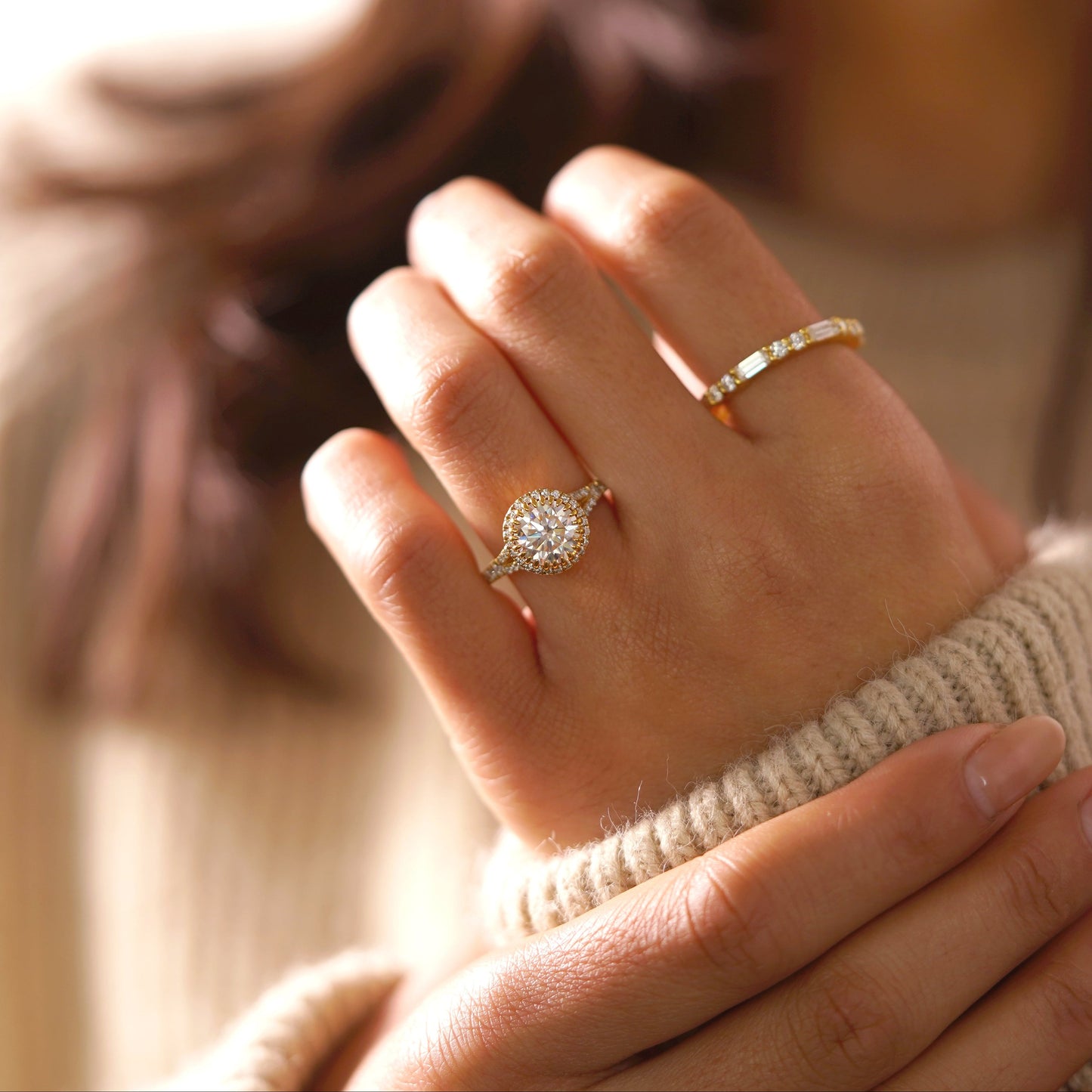 Round Cut Halo & Pave Split Shank Lab-Grown Diamond Engagement Ring