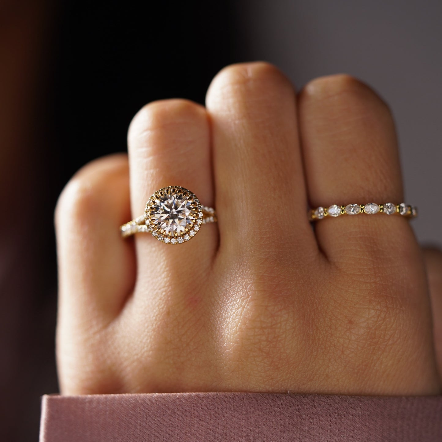 Round Cut Halo & Pave Split Shank Lab-Grown Diamond Engagement Ring
