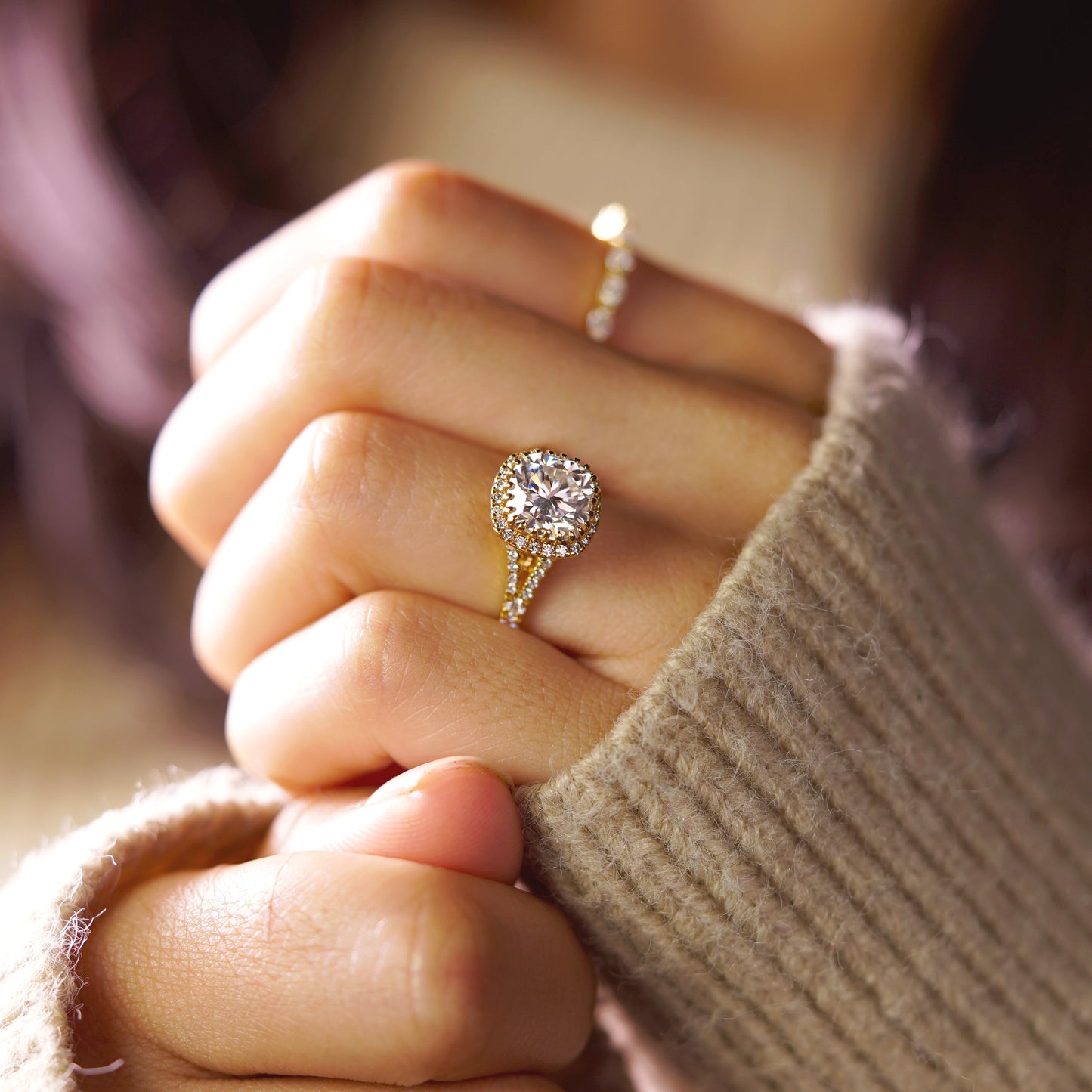 Cushion Cut Halo & Pave Split Shank Lab-Grown Diamond Engagement Ring