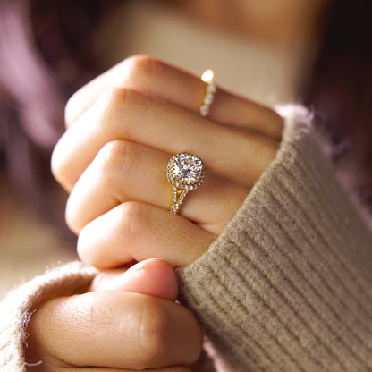 Cushion Cut Halo & Pave Split Shank Lab-Grown Diamond Engagement Ring