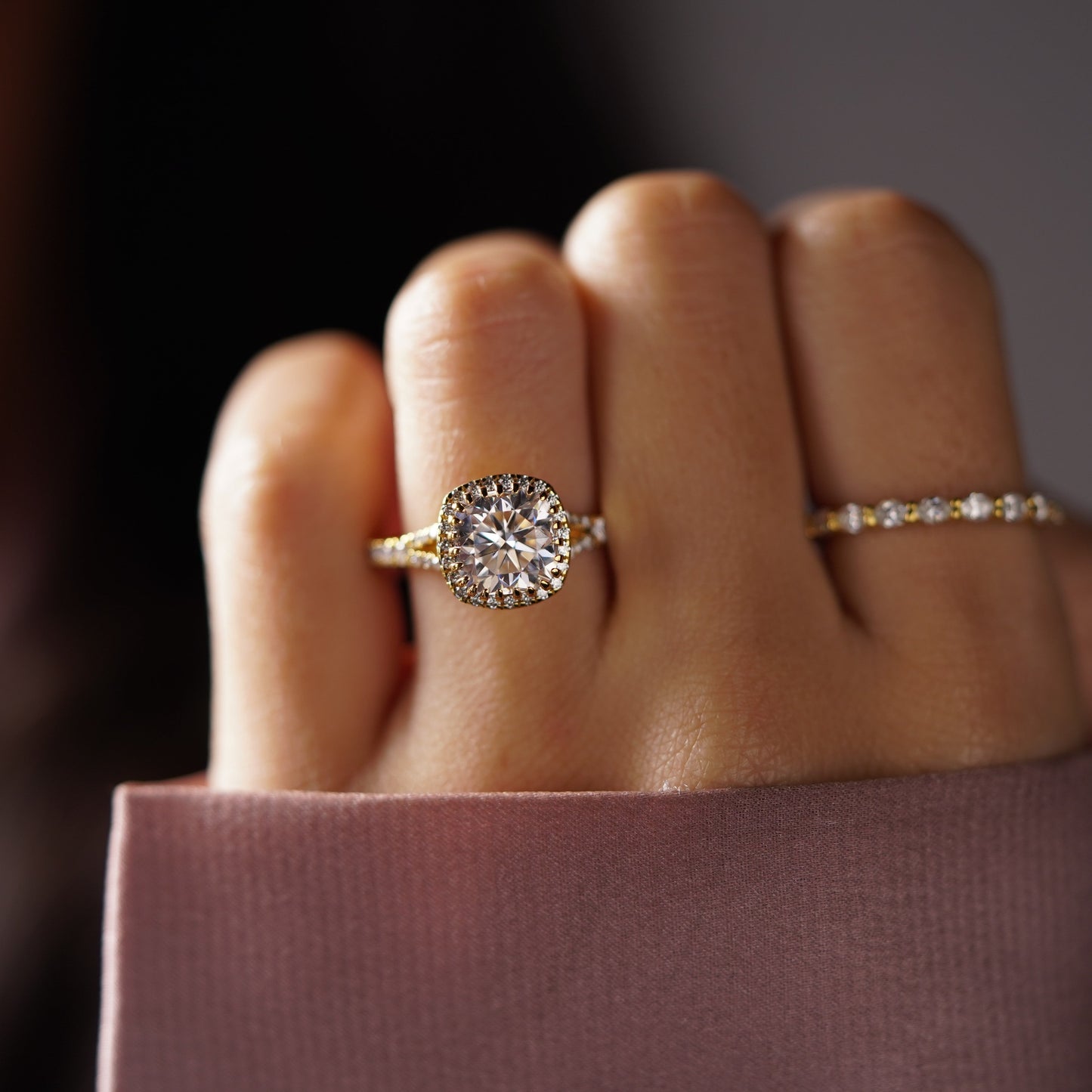 Cushion Cut Halo & Pave Split Shank Lab-Grown Diamond Engagement Ring