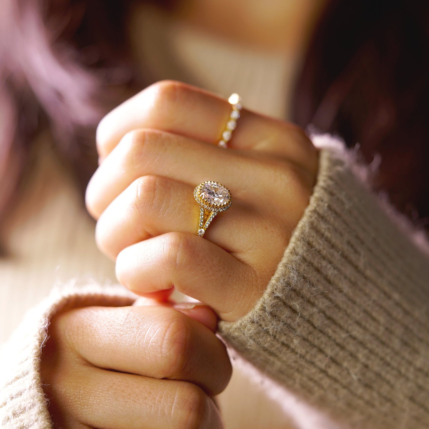 Oval Cut Halo & Pave Split Shank Lab-Grown Diamond Engagement Ring