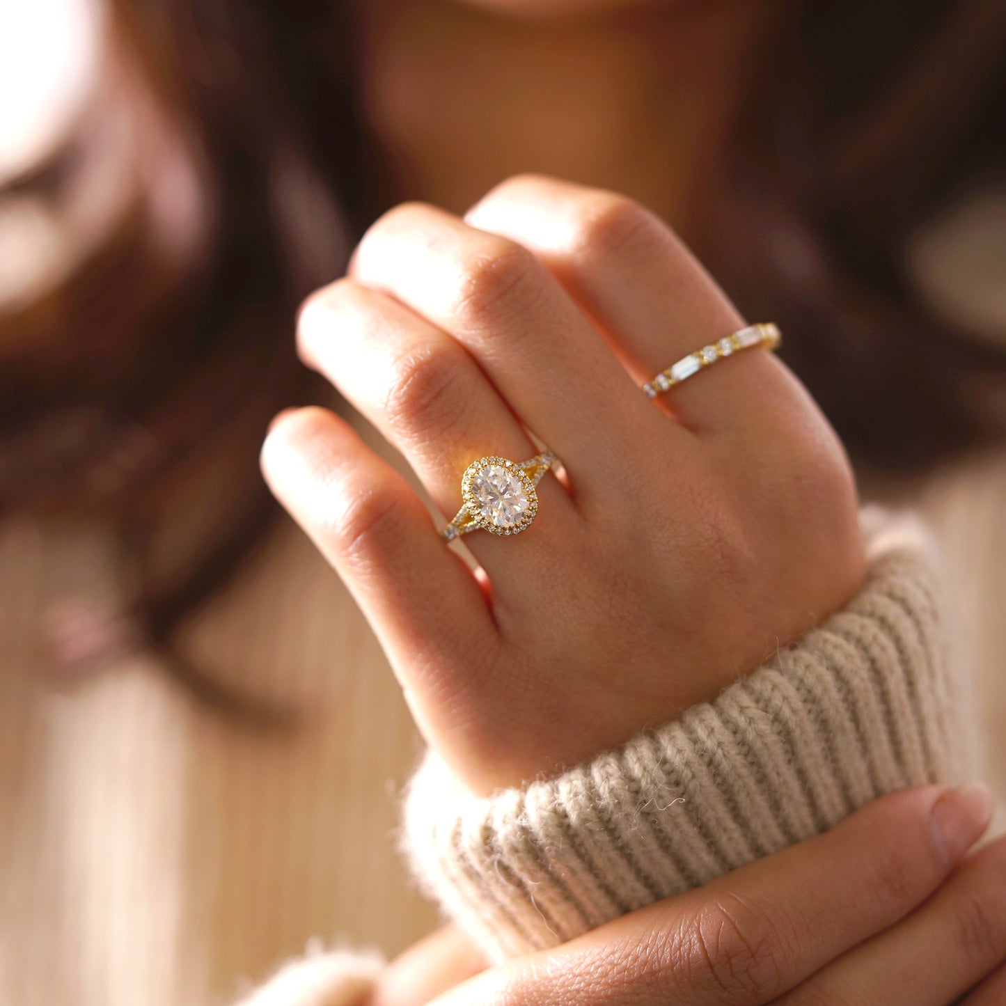 Oval Cut Halo & Pave Split Shank Lab-Grown Diamond Engagement Ring