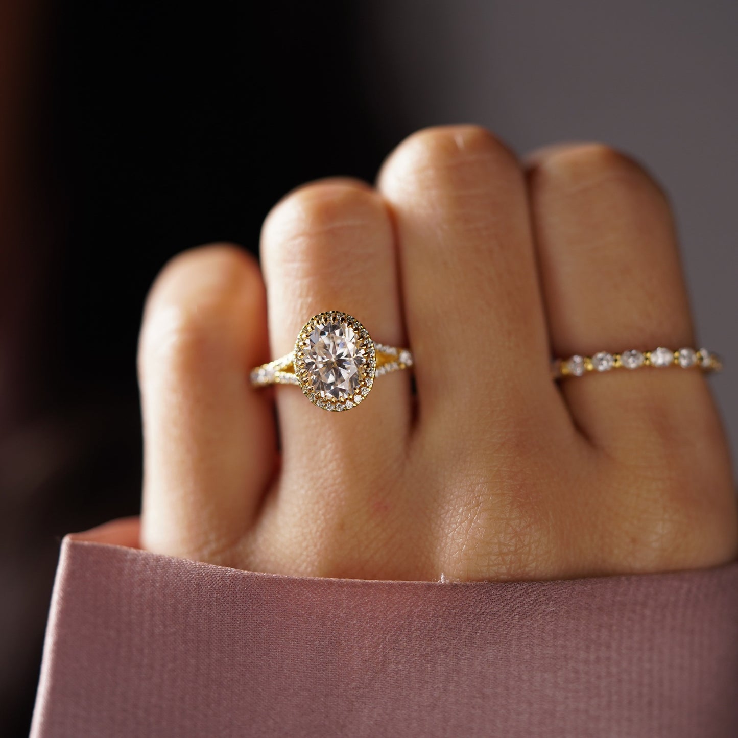 Oval Cut Halo & Pave Split Shank Lab-Grown Diamond Engagement Ring