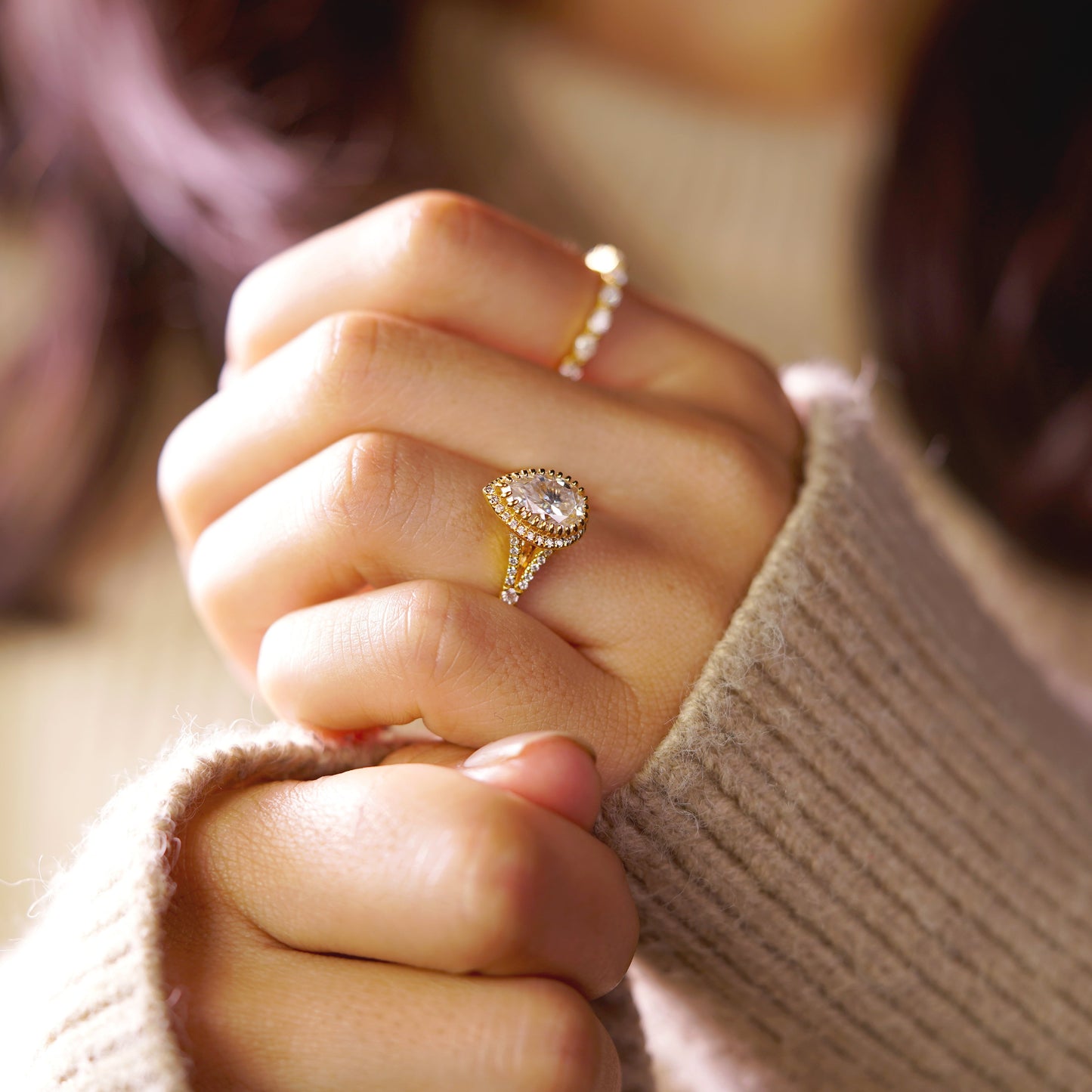 Pear Cut Halo & Pave Split Shank Lab-Grown Diamond Engagement Ring