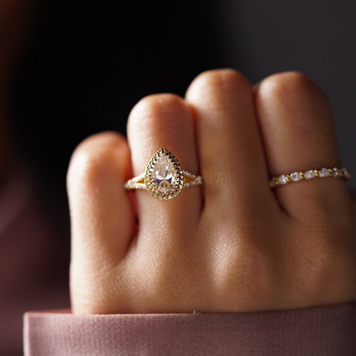 Pear Cut Halo & Pave Split Shank Lab-Grown Diamond Engagement Ring