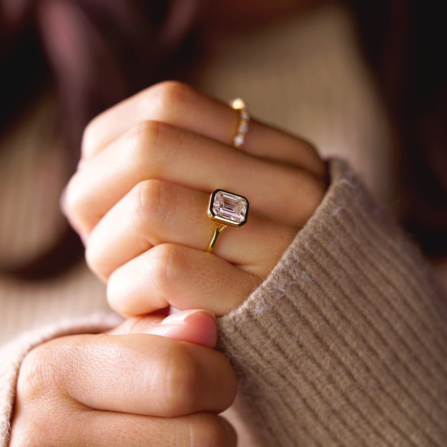 Emerald Cut Bezel Split Shank Lab-Grown Diamond Engagement Ring