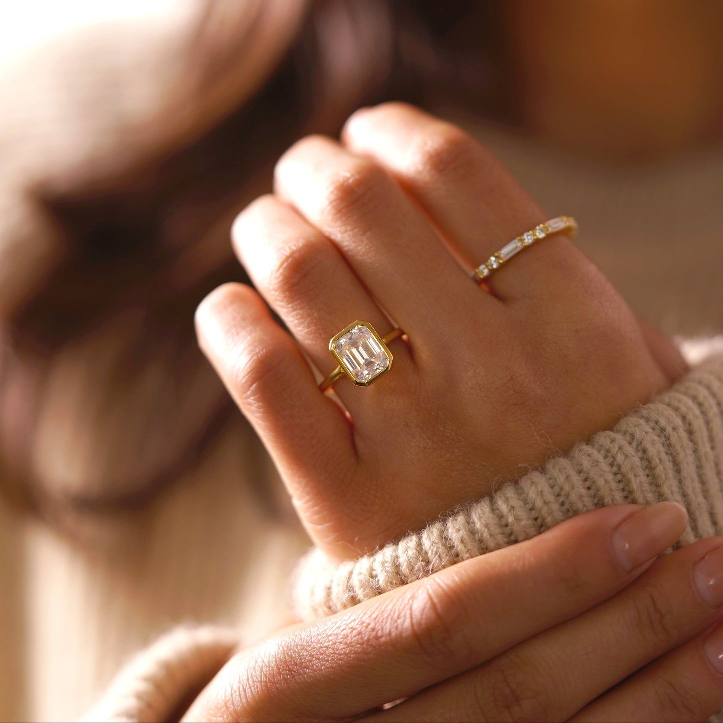 Emerald Cut Bezel Split Shank Lab-Grown Diamond Engagement Ring