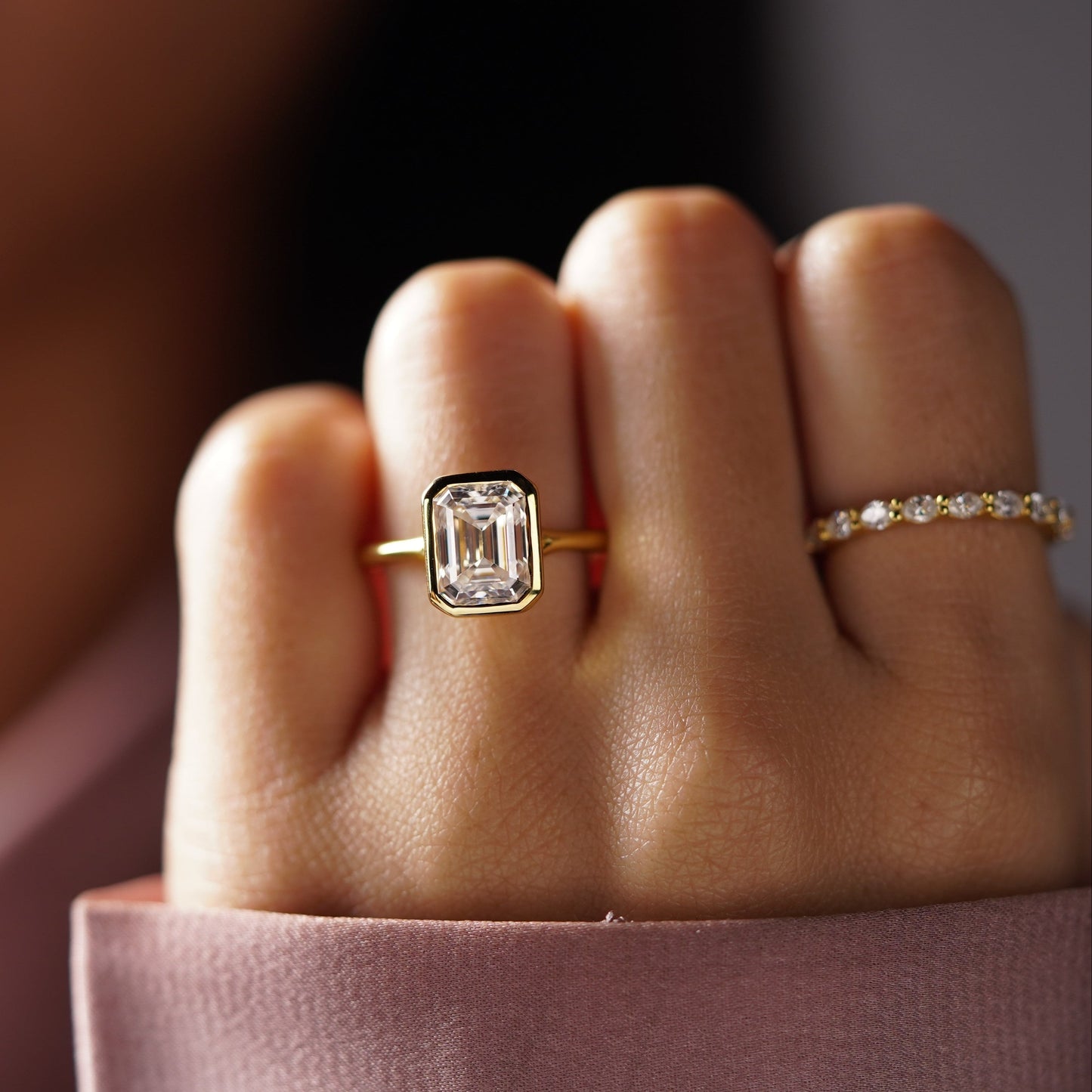 Emerald Cut Bezel Split Shank Lab-Grown Diamond Engagement Ring