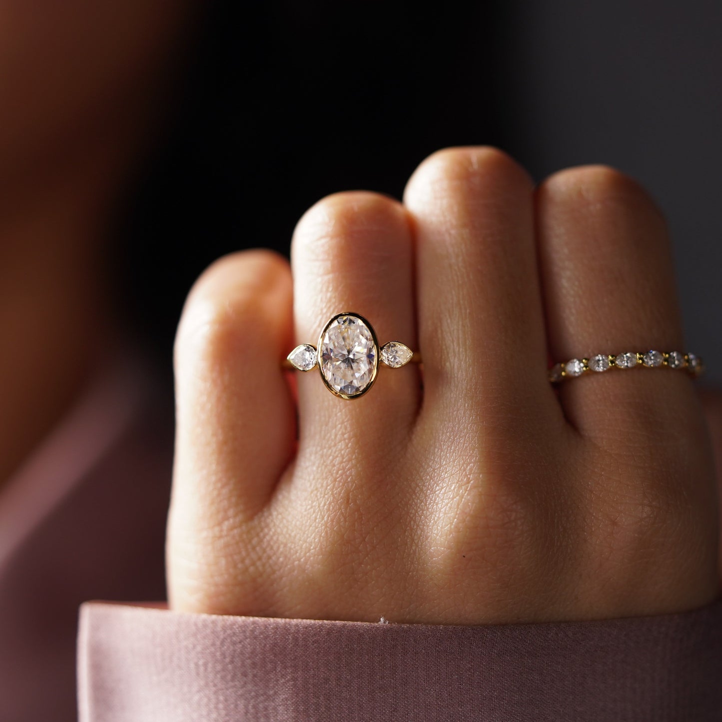 Oval Cut Three Stone Bezel Lab-Grown Diamond Engagement Ring