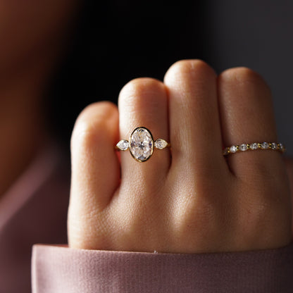 Oval Cut Three Stone Bezel Lab-Grown Diamond Engagement Ring