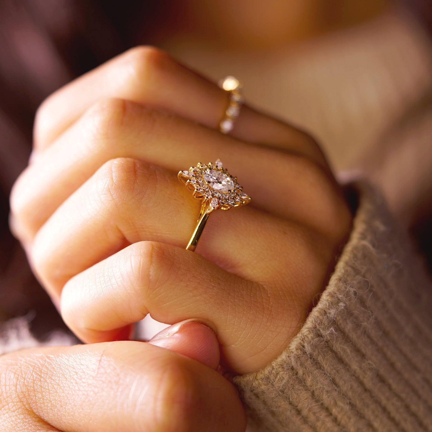 Oval Cut Cluster Lab-Grown Diamond Engagement Ring