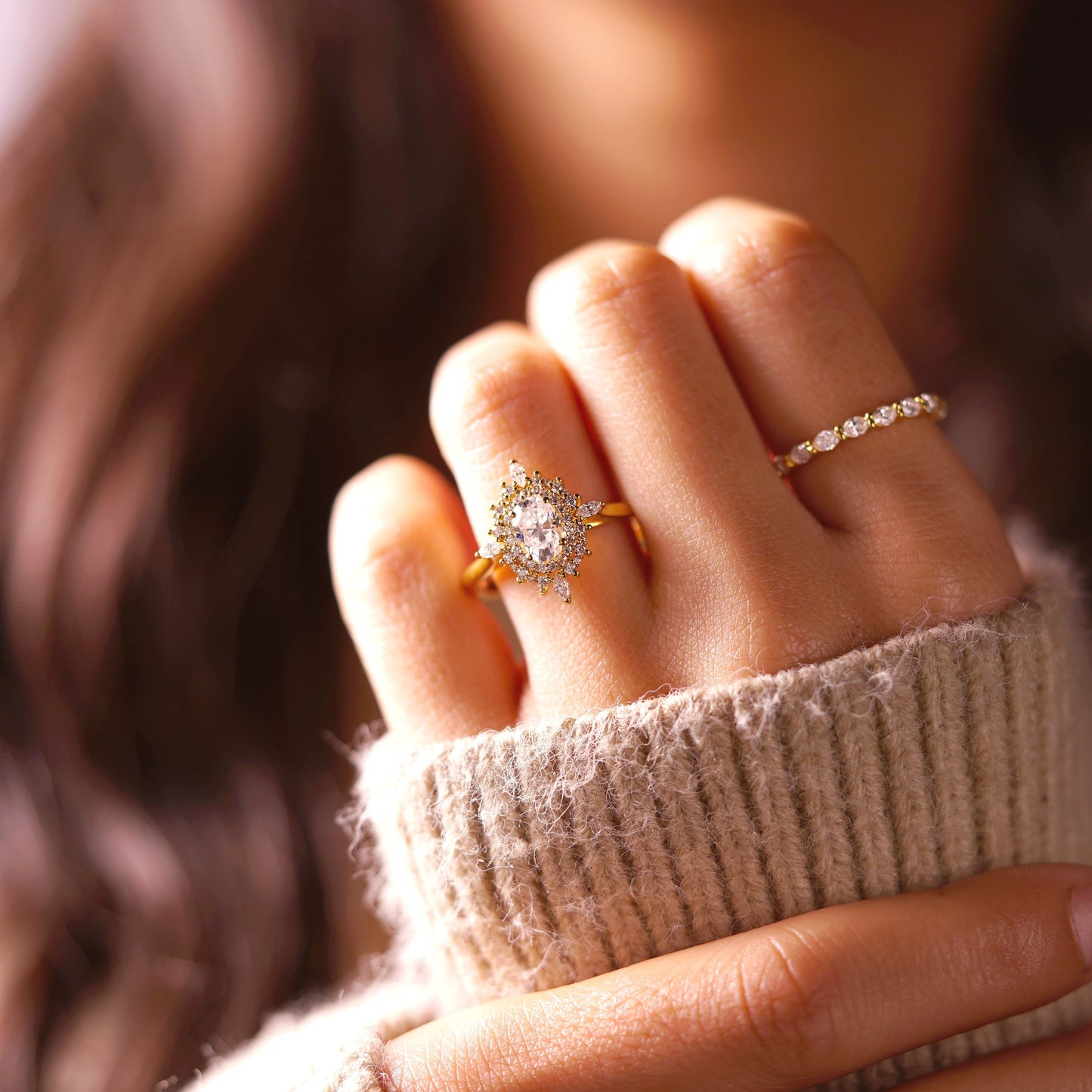 Oval Cut Cluster Lab-Grown Diamond Engagement Ring