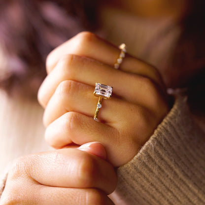 Emerald Cut Dainty Pave Lab-Grown Diamond Engagement Ring