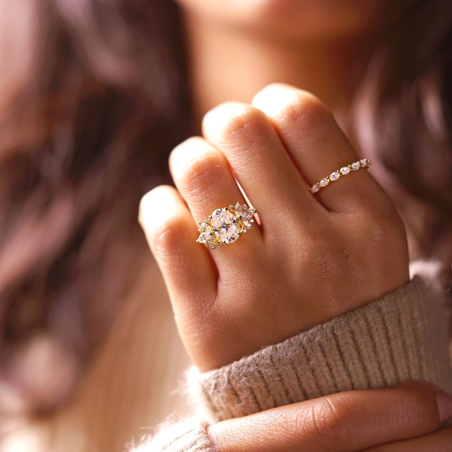 Oval Cut Cluster Lab-Grown Diamond Engagement Ring