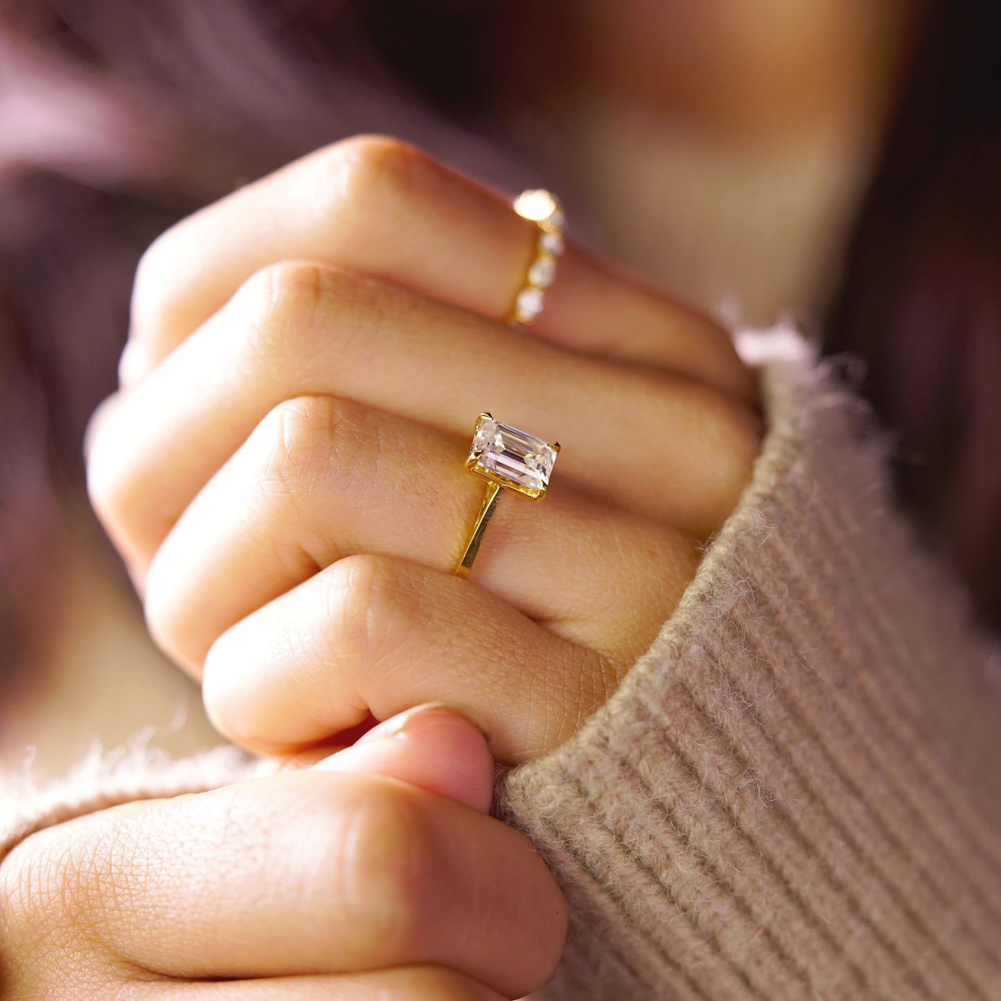 Emerald Cut Solitaire Cathedral Lab-Grown Diamond Engagement Ring