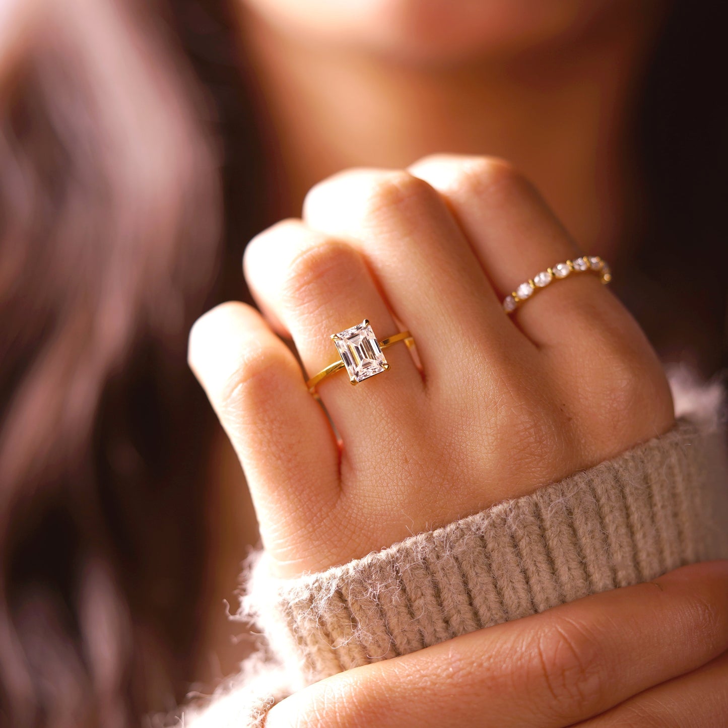 Emerald Cut Solitaire Cathedral Lab-Grown Diamond Engagement Ring