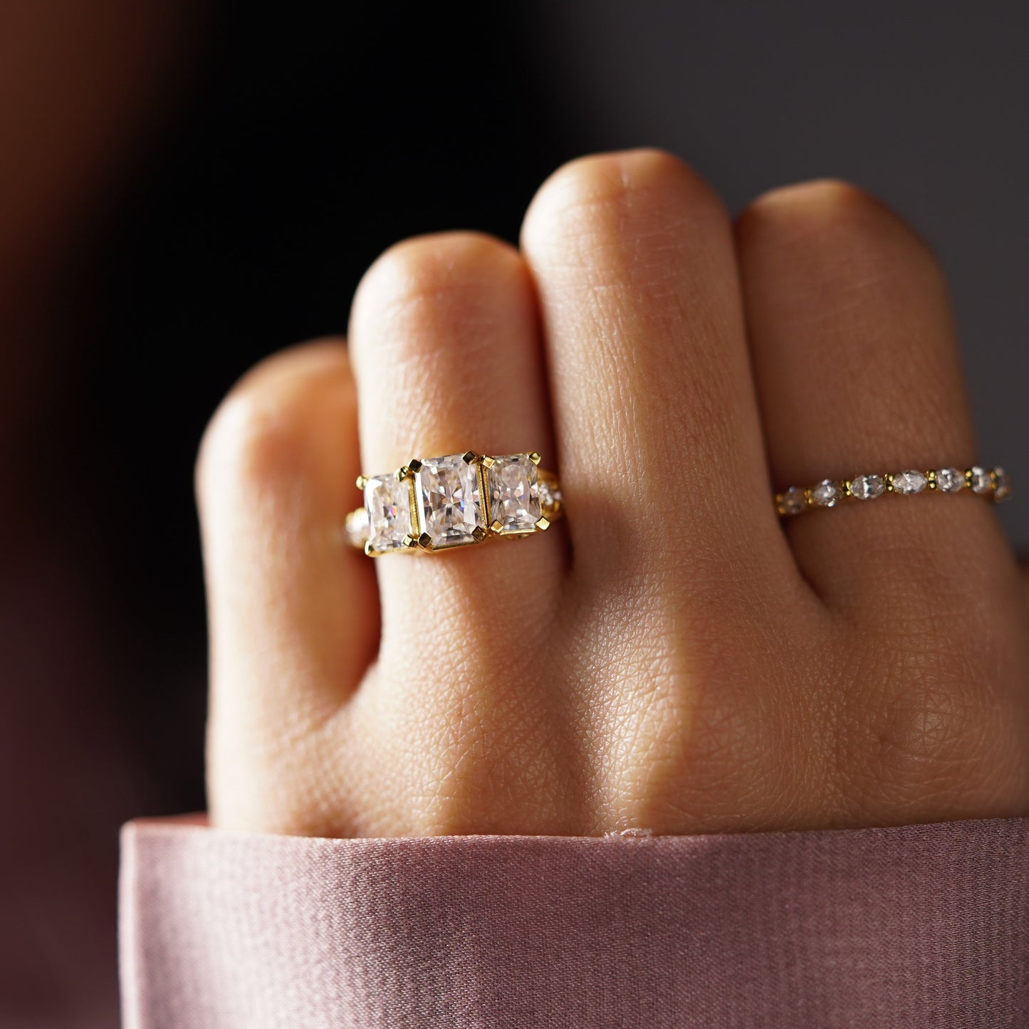 Radiant Cut Three Stone Pave Lab-Grown Diamond Engagement Ring