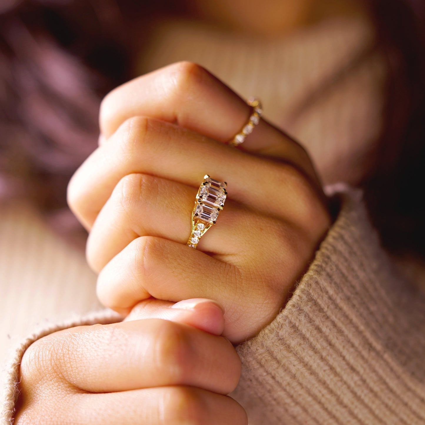 Emerald Cut Three Stone Pave Lab-Grown Diamond Engagement Ring