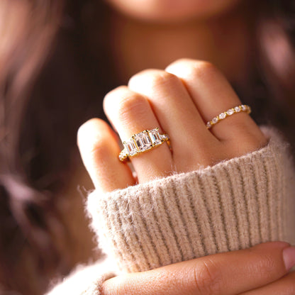 Emerald Cut Three Stone Pave Lab-Grown Diamond Engagement Ring