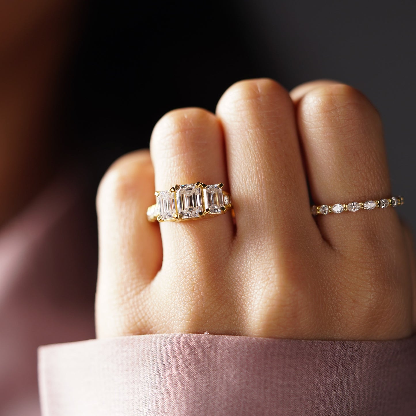 Emerald Cut Three Stone Pave Lab-Grown Diamond Engagement Ring