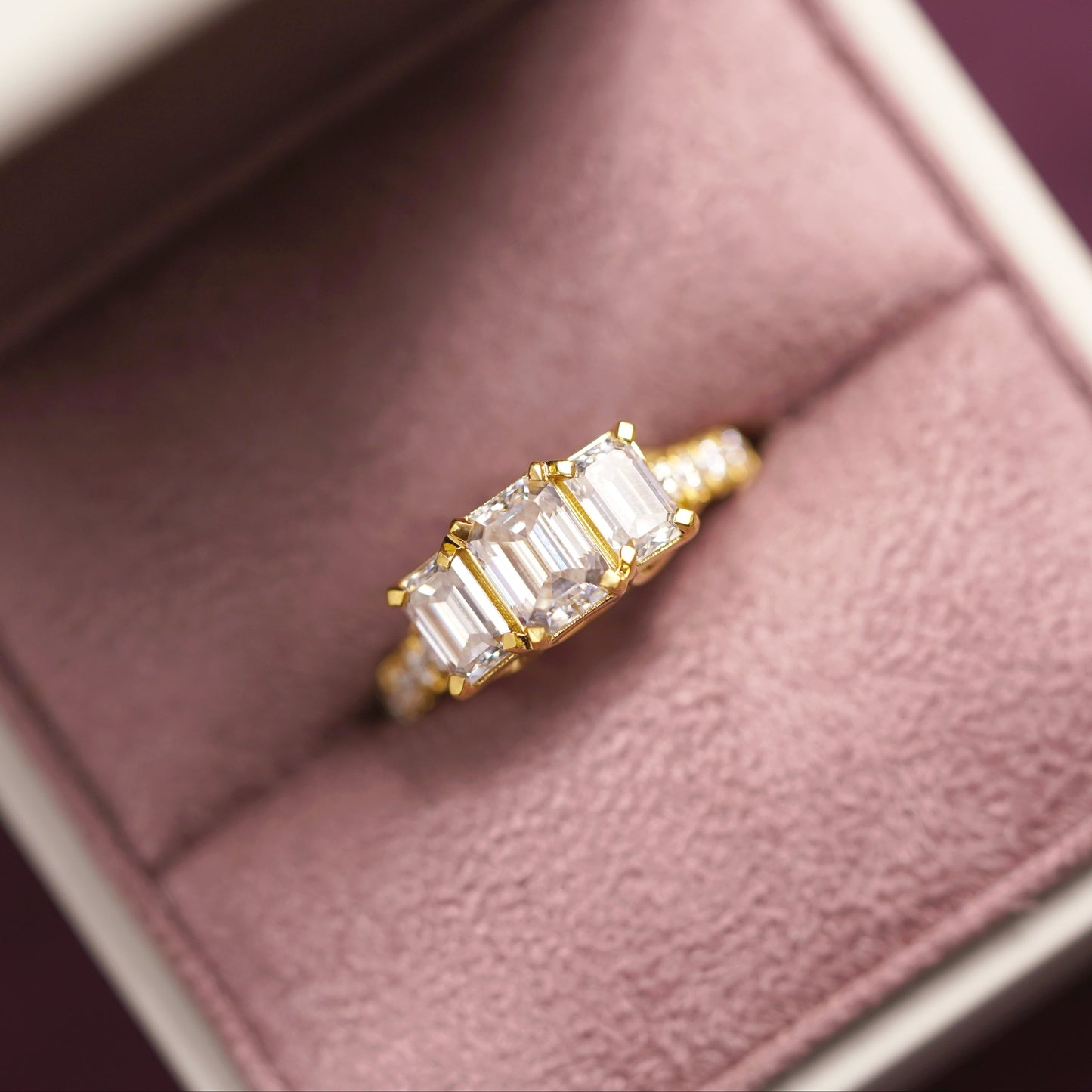 Emerald Cut Three Stone Pave Lab-Grown Diamond Engagement Ring