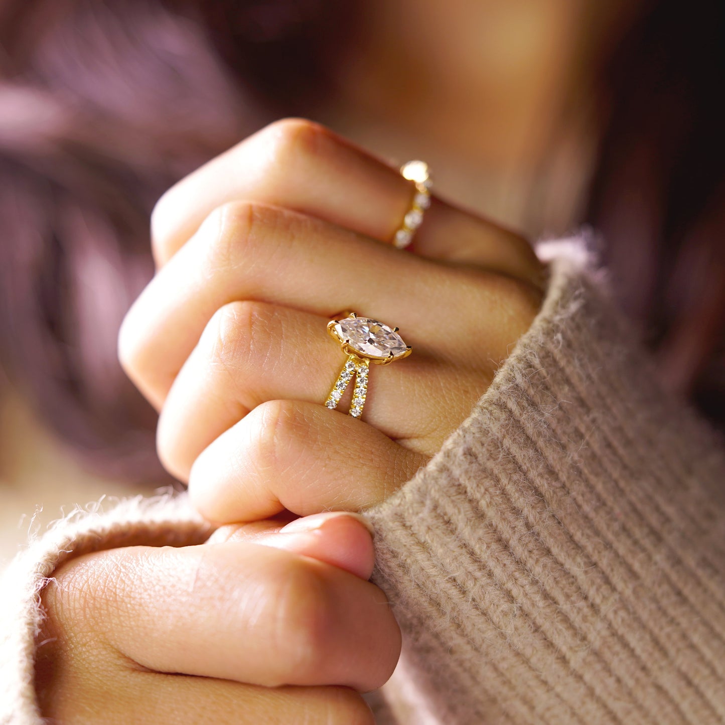 Marquise Cut Hidden Halo & Criss Cross Pave Lab-Grown Diamond Engagement Ring