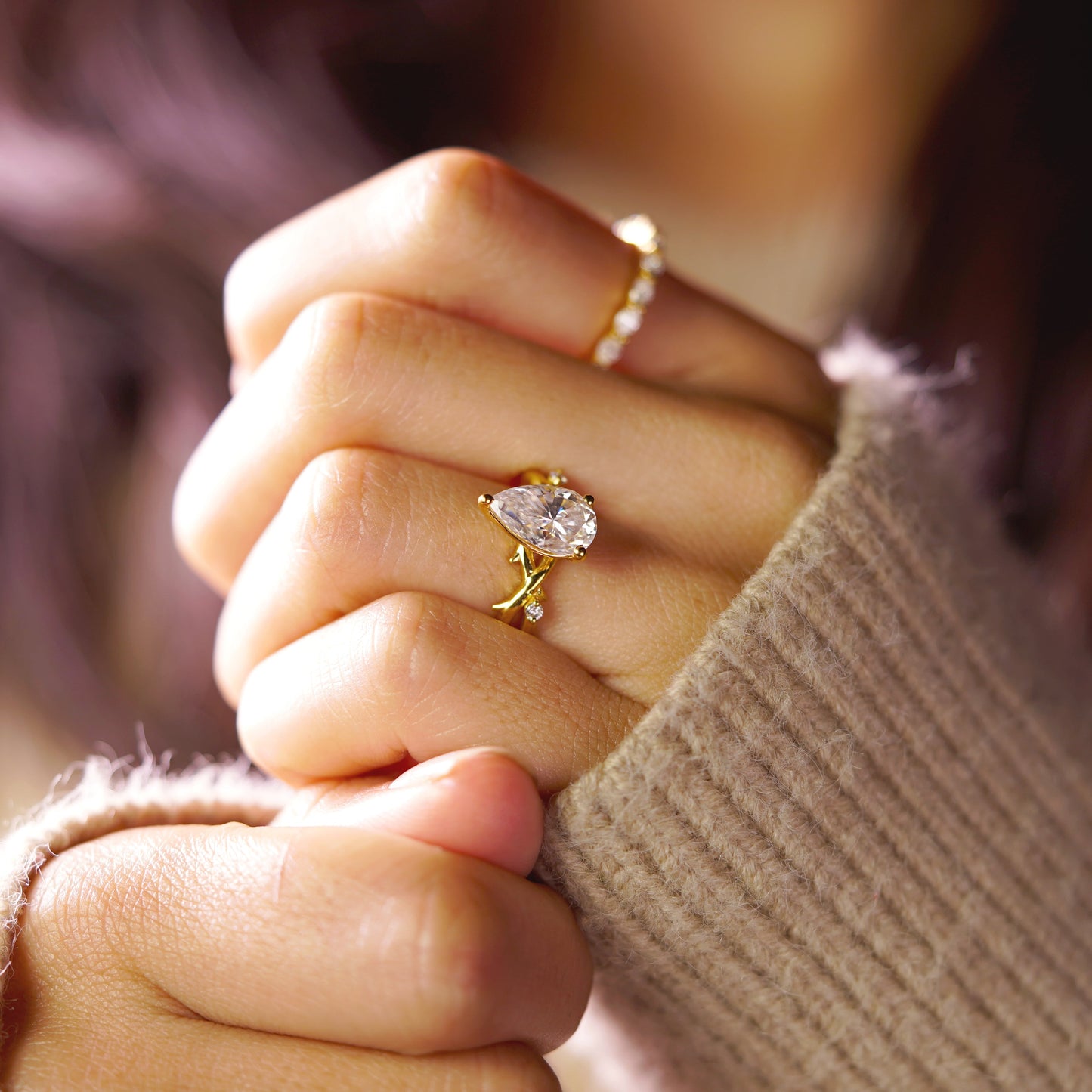 Pear Cut Twig Lab-Grown Diamond Engagement Ring