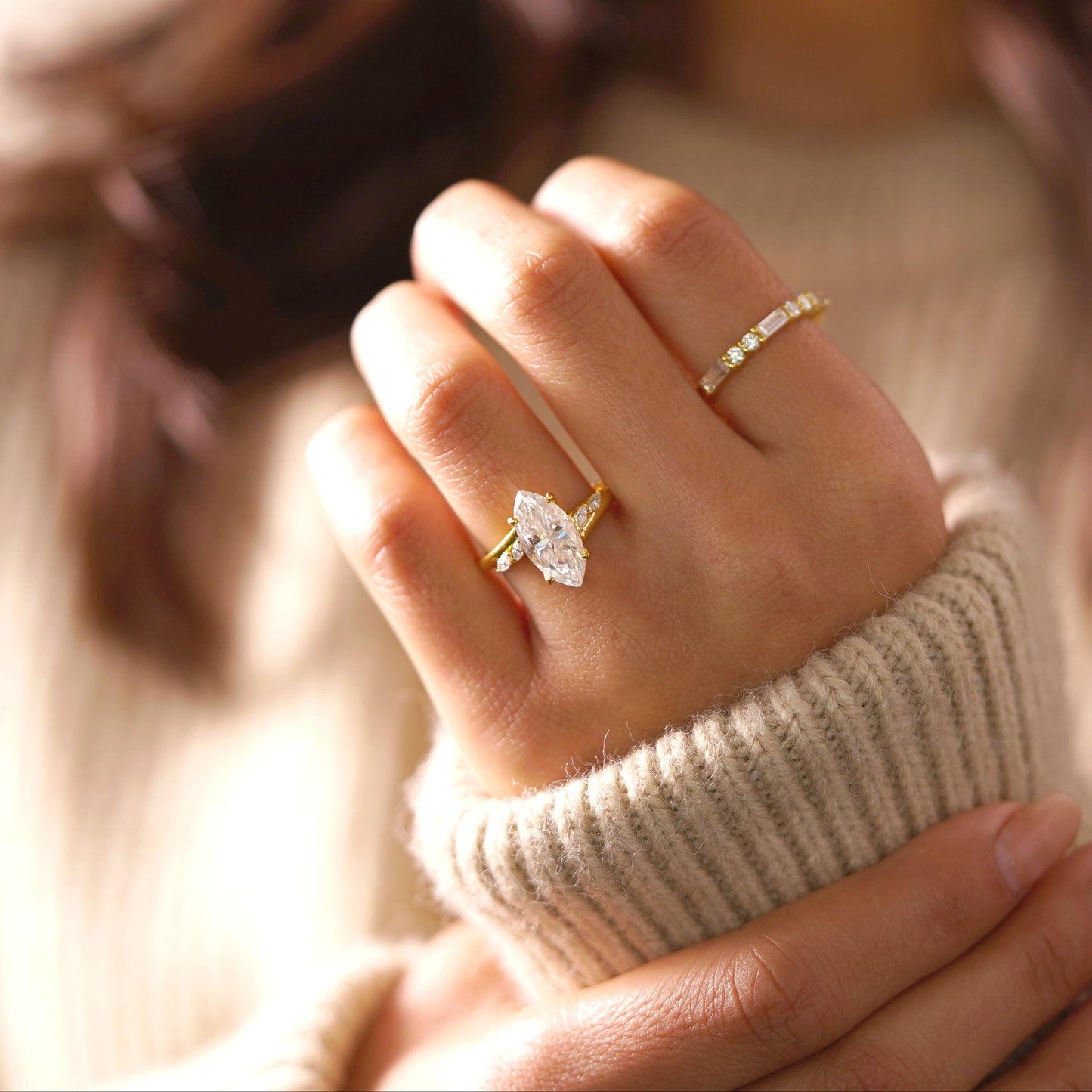 Marquise Cut Curved Pave Lab-Grown Diamond Engagement Ring