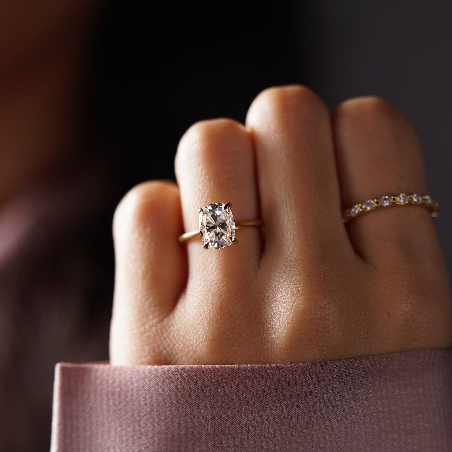 Elongated Cushion Cut Solitaire Cathedral Lab-Grown Diamond Engagement Ring