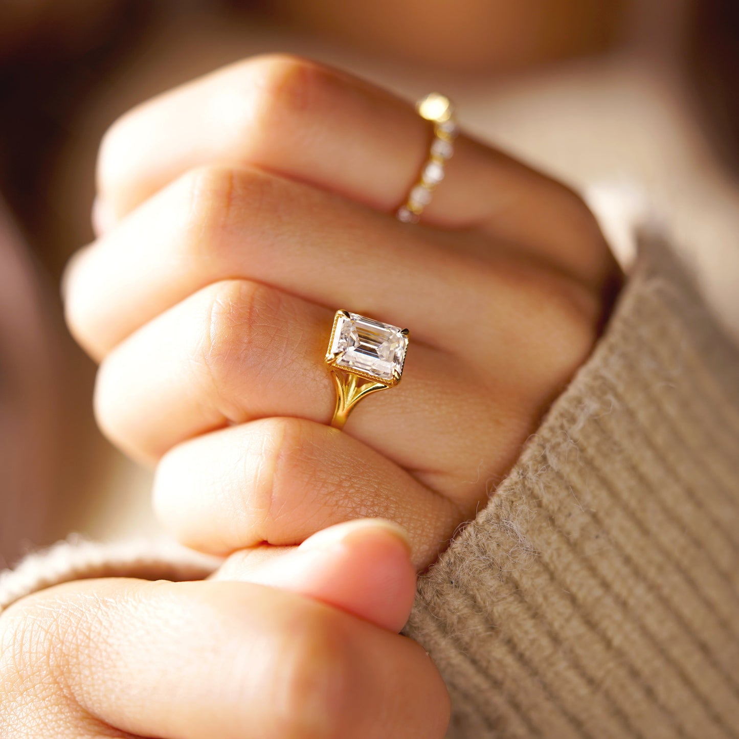 Emerald Cut Solitaire Split Shank Lab-Grown Diamond Engagement Ring