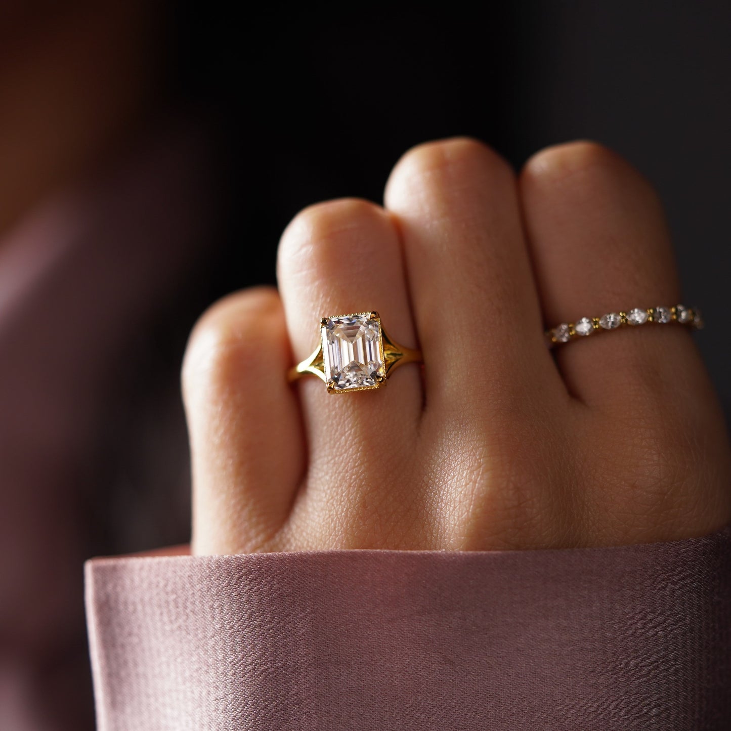 Emerald Cut Solitaire Split Shank Lab-Grown Diamond Engagement Ring
