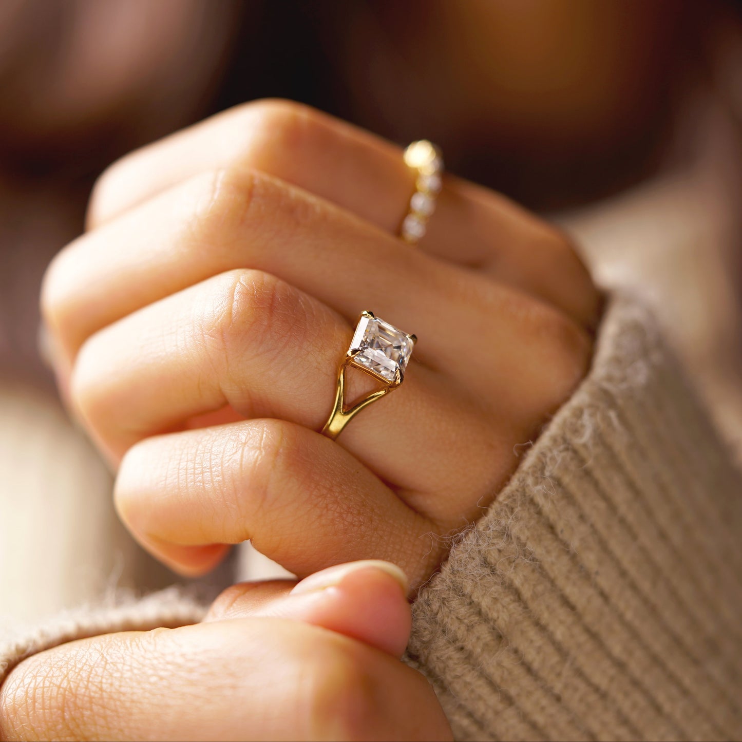 Asscher Cut Solitaire Split Shank Lab-Grown Diamond Engagement Ring