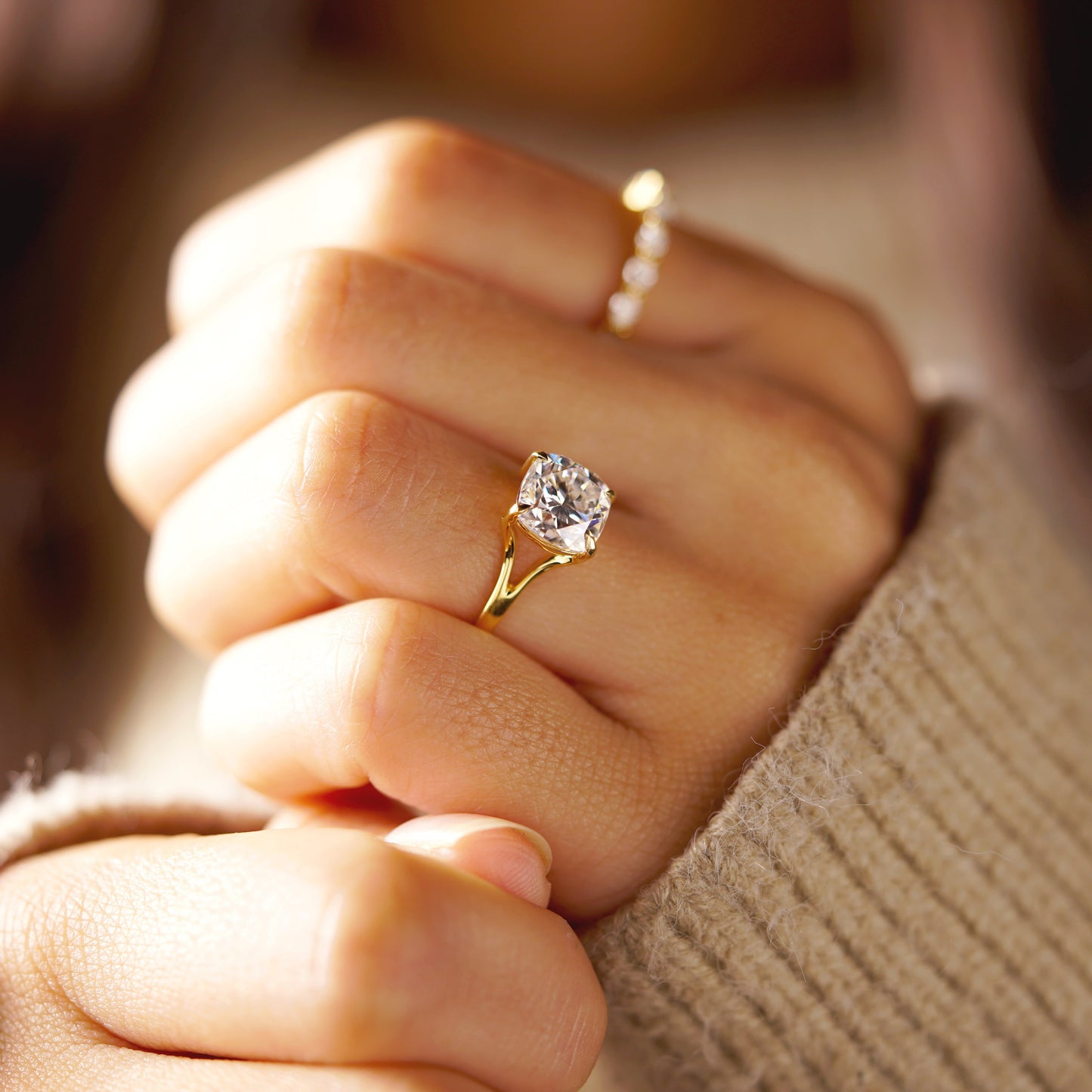 Cushion Cut Solitaire Split Shank Lab-Grown Diamond Engagement Ring