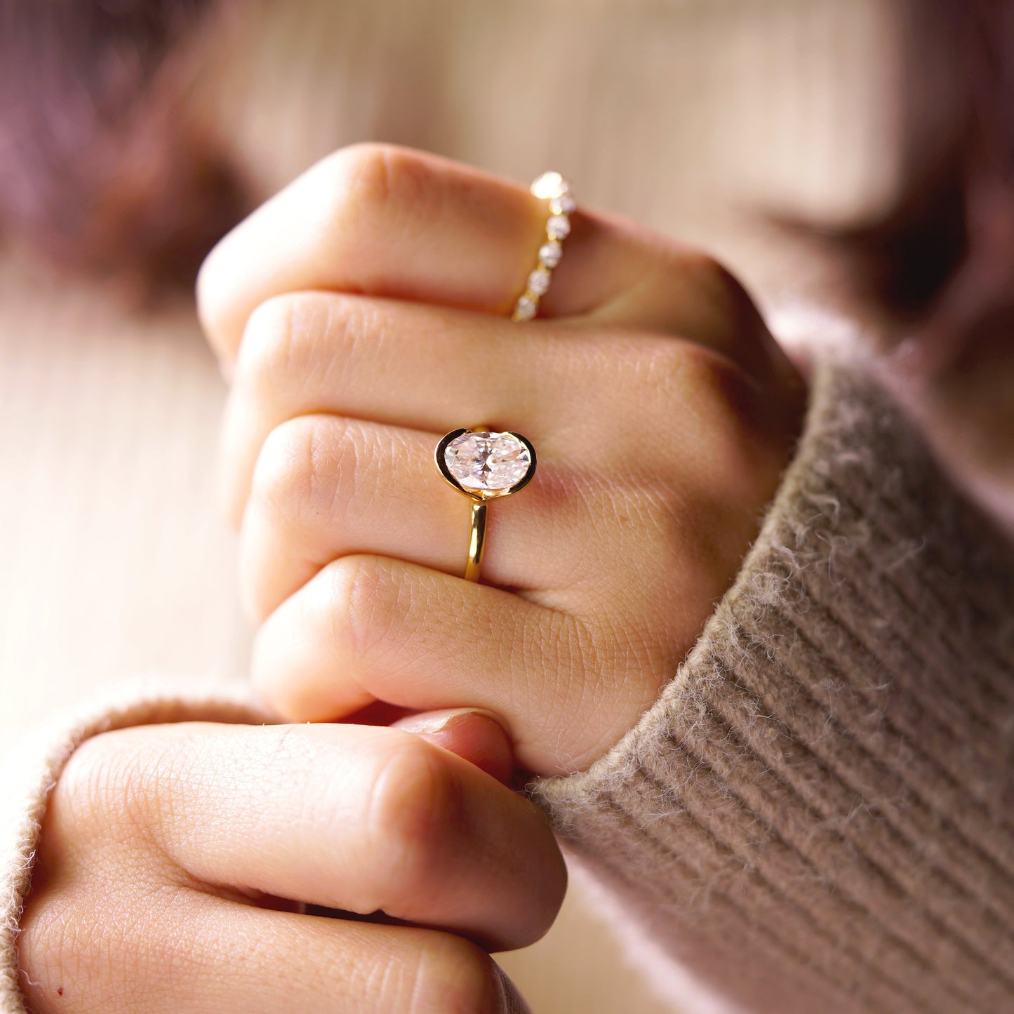 Oval Cut Half Bezel Lab-Grown Diamond Engagement Ring