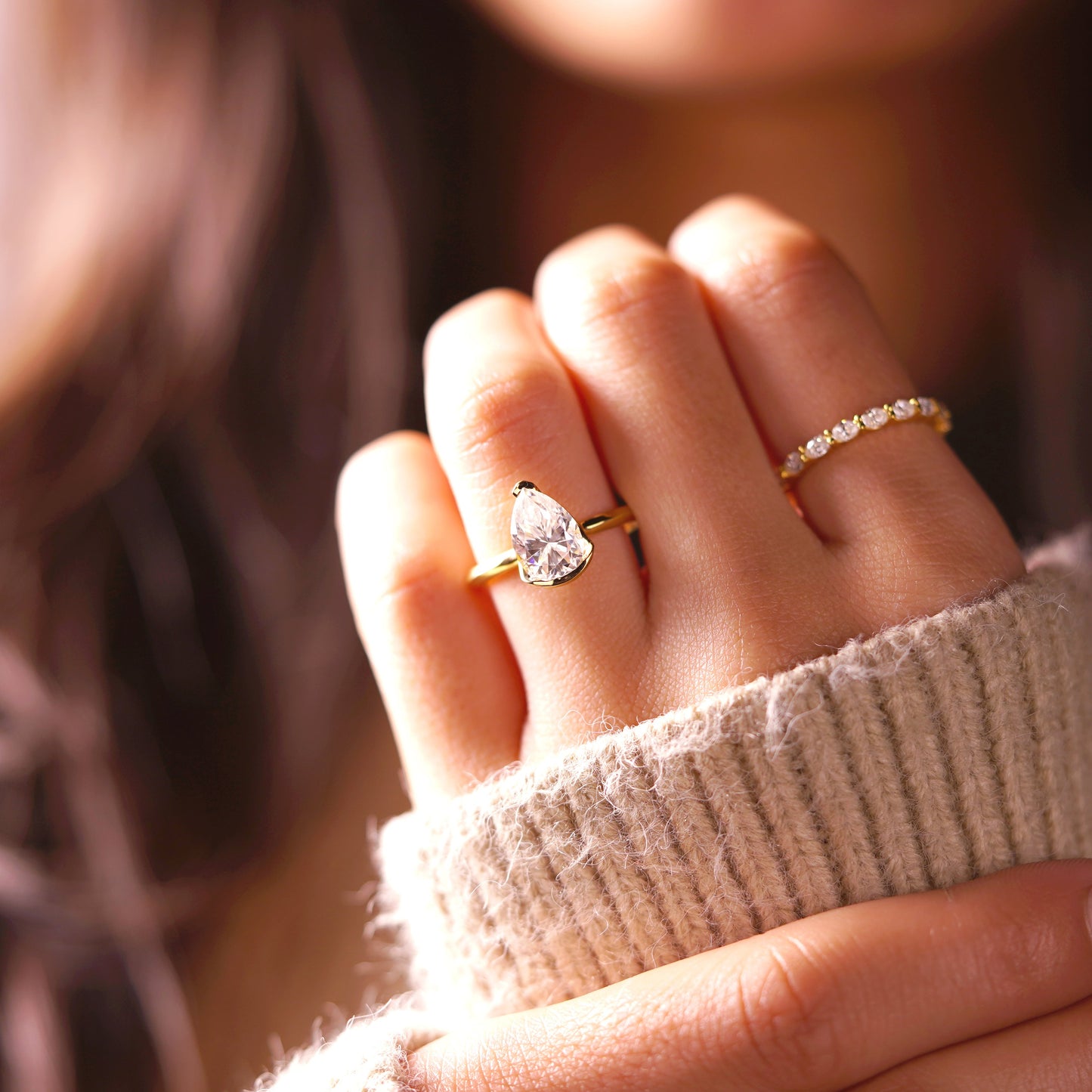 Pear Cut Half Bezel Lab-Grown Diamond Engagement Ring